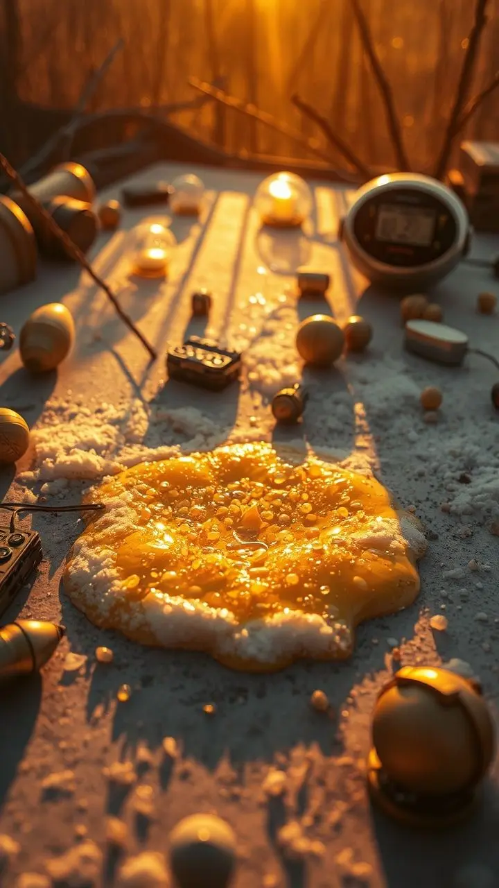 Melting yellow snow patch with wet particles in golden hour light, retrofuturistic style.