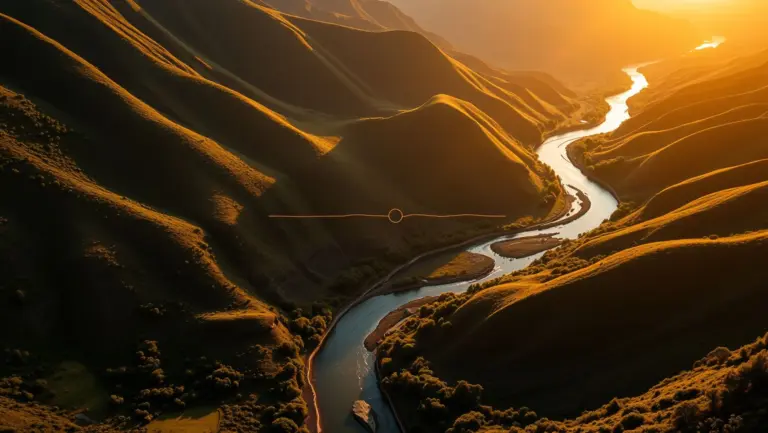 Aerial view of a valley at golden hour with a river and hills forming the letters F A M e l v i n and a sandbar as the underscore.