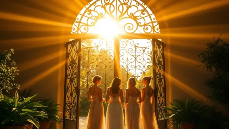 Women in flowing dresses stand under an ornate gate, illuminated by soft golden sunlight.