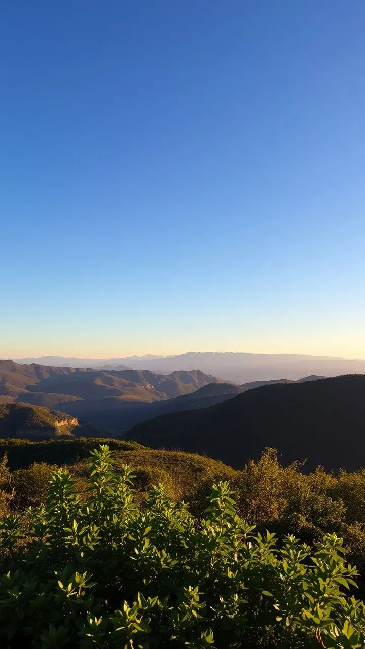 Rolling hills fading into distant mountains, bathed in golden sunlight.