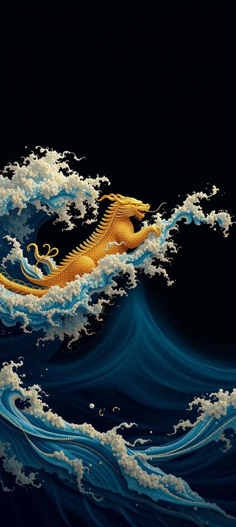 Golden Pixiu creature on dark blue waves.