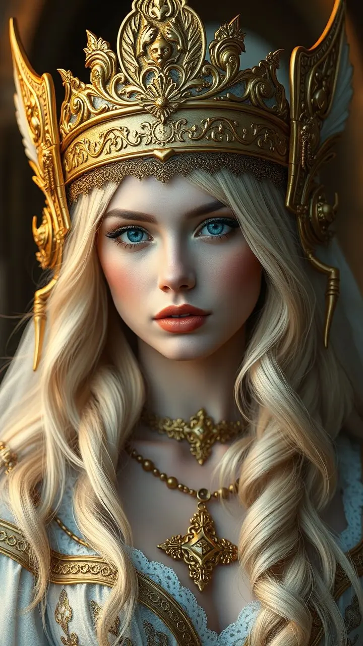 Blonde princess wearing golden headgear, elegant fantasy style.