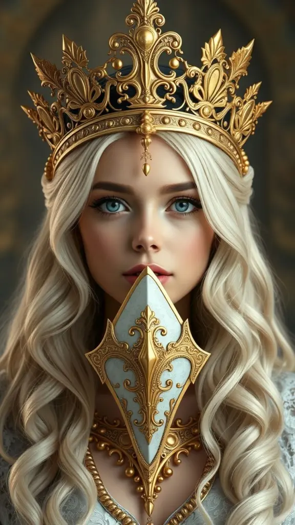 Blonde princess wearing ornate gold headgear and a mouthpiece.