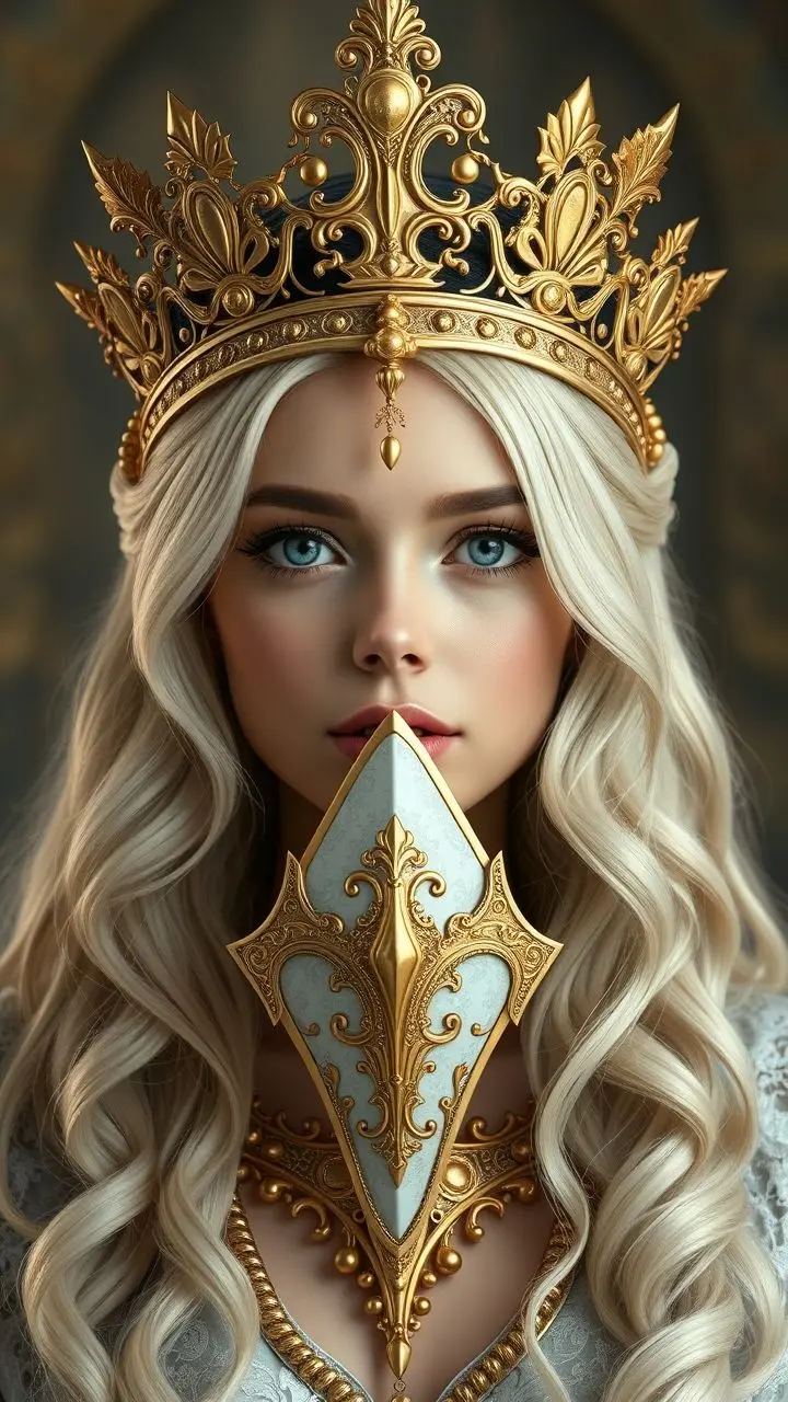 Blonde princess wearing ornate gold headgear and a mouthpiece.