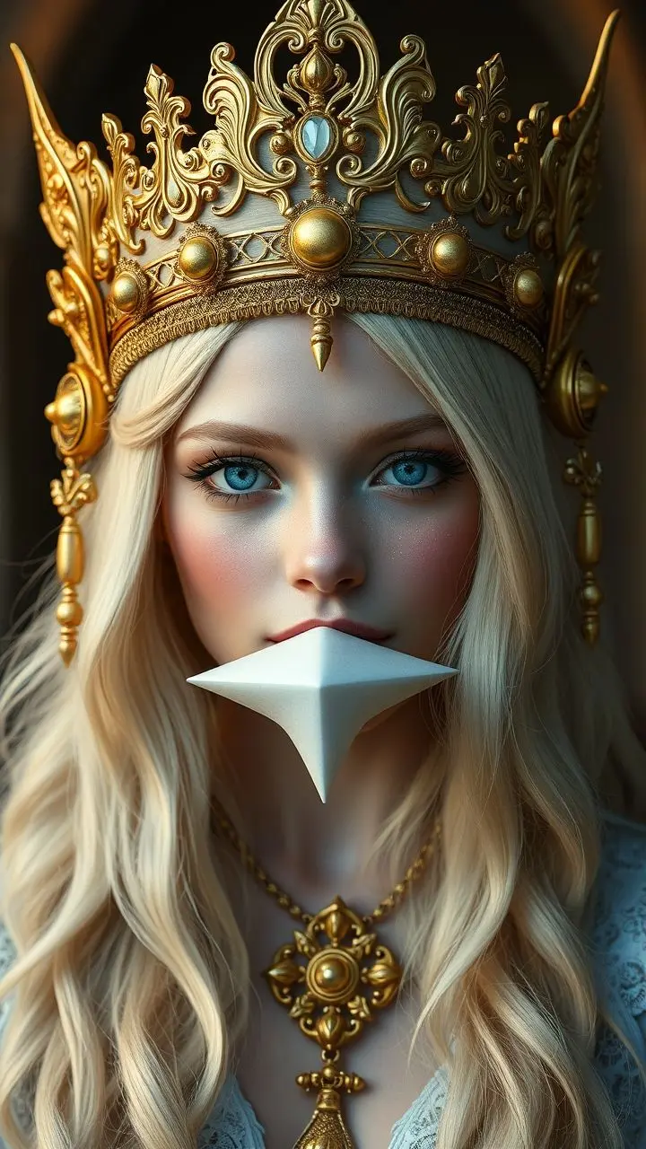 Blonde princess with ornate gold headgear, regal fantasy style.