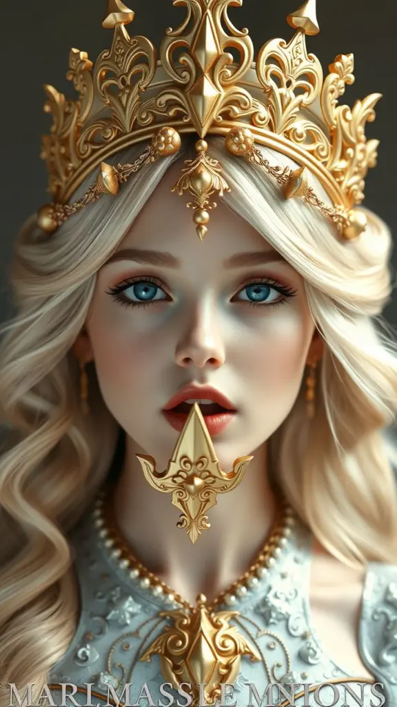 Blonde princess wearing ornate gold headgear, princess aesthetic.