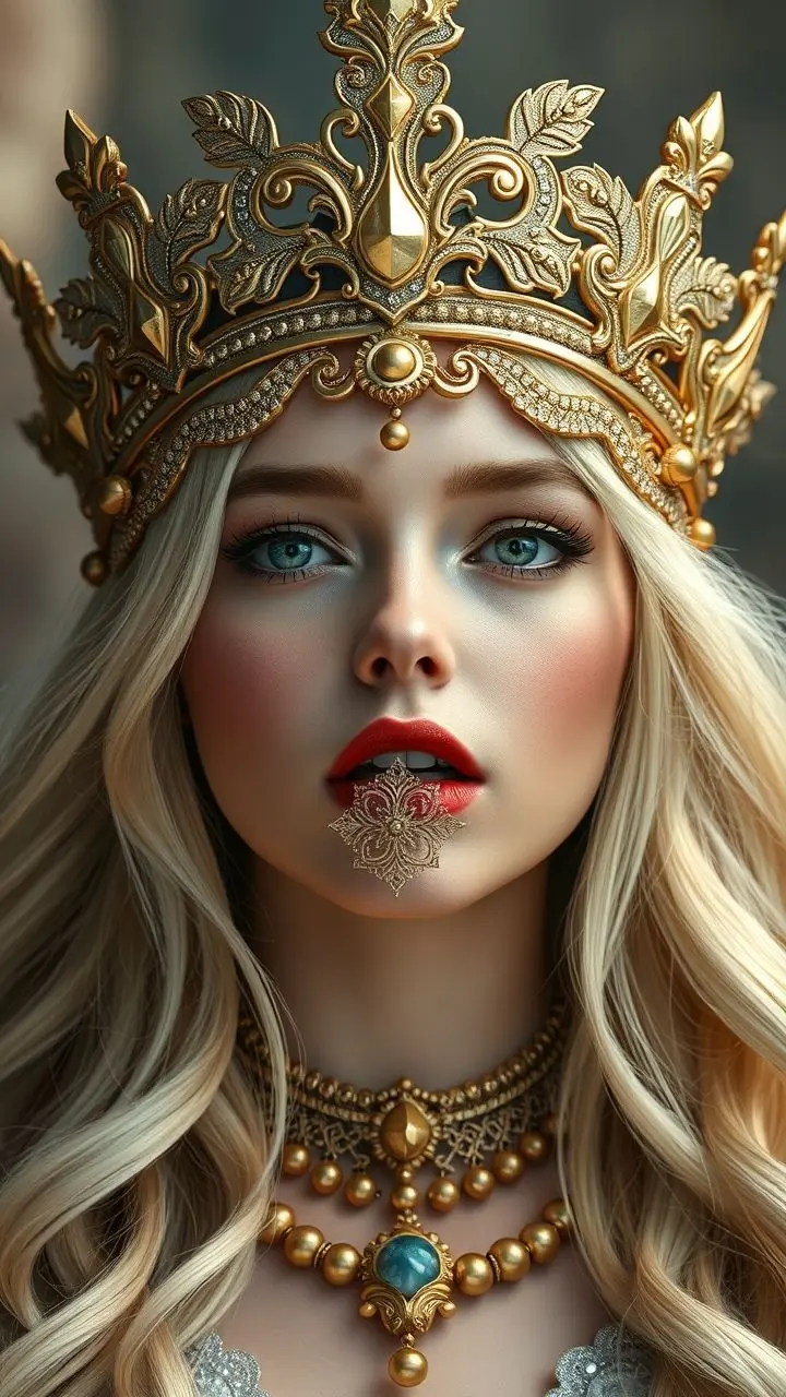 Blonde princess in ornate gold headgear, mouth open with mouthpiece.