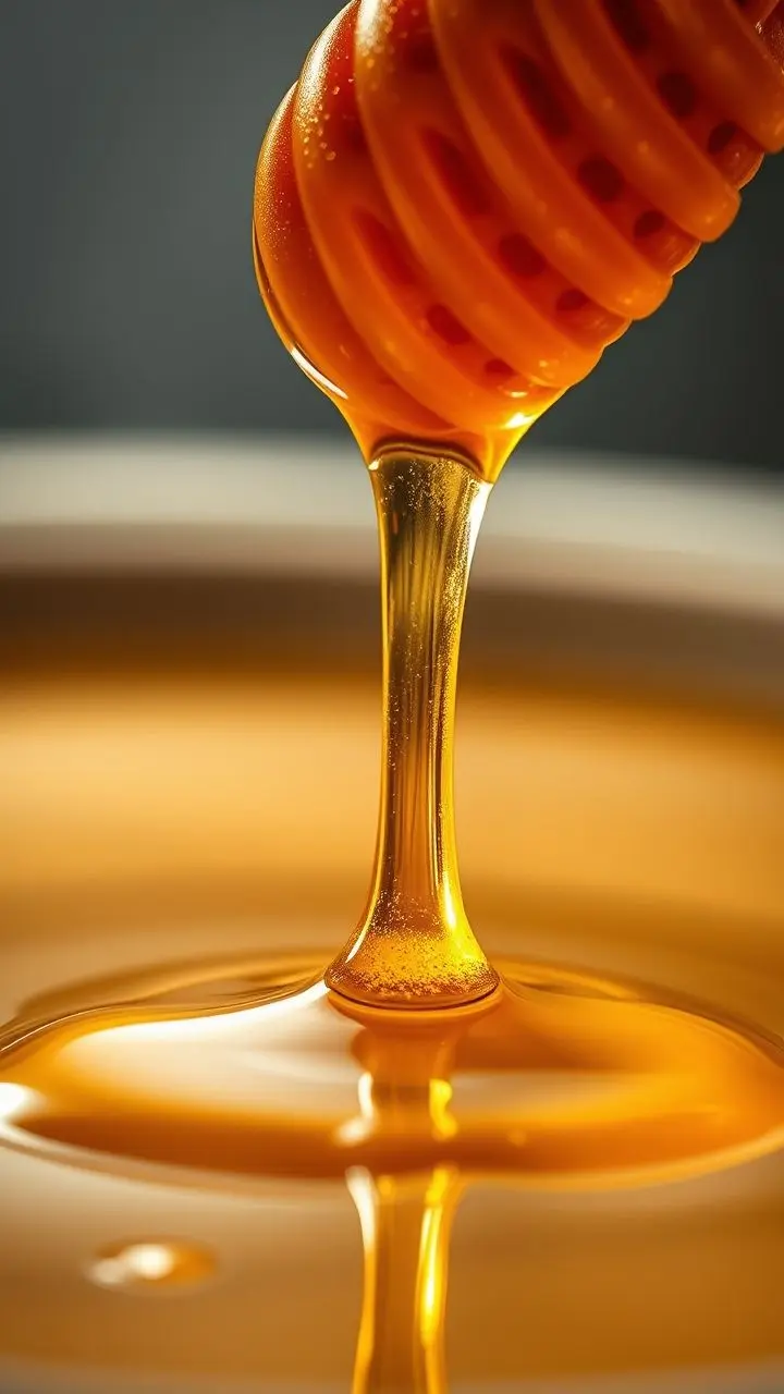 Honey dipper dripping golden honey onto a reflective surface with mirrored pools.
