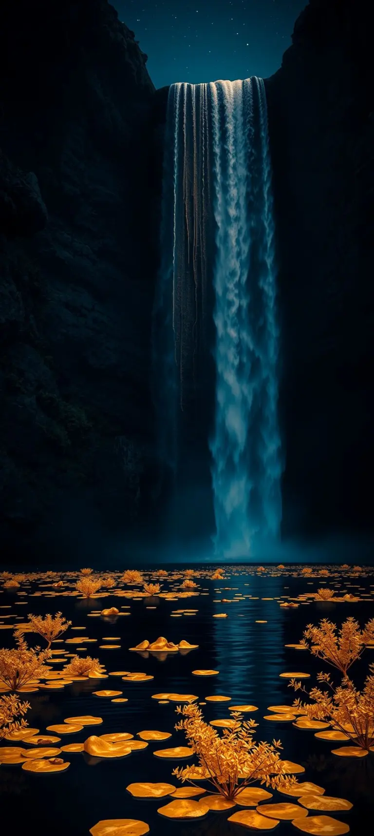 Vertical waterfall at night with gold and blue colors and floating gold fish.