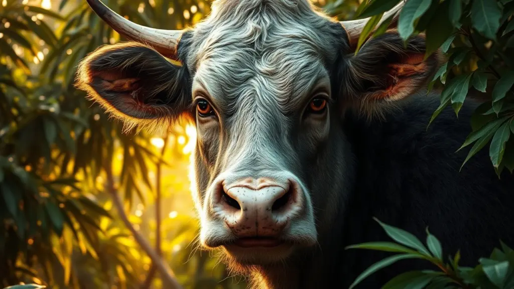 Surreal hybrid of a cow and gorilla face in a jungle.