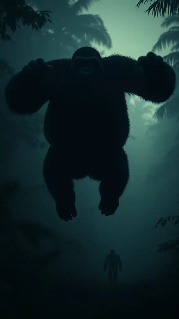 Silhouette of a gorilla leaping in a dark, misty jungle.