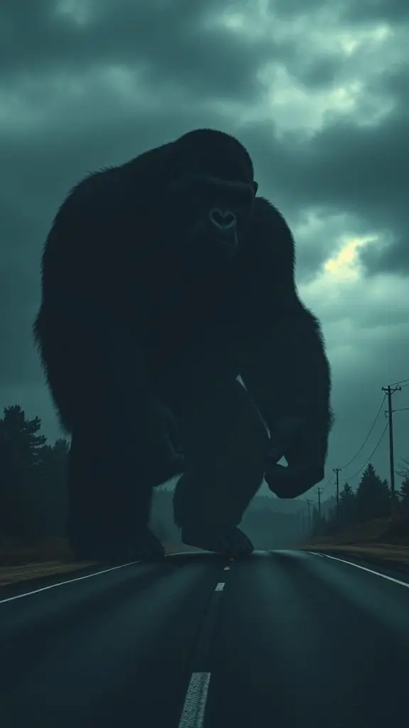 Giant gorilla bursting from shadows onto a dark road.