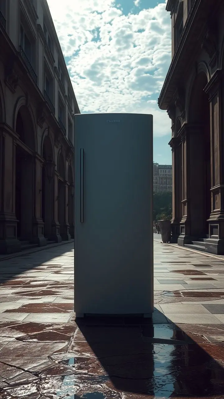 Modern refrigerator in an urban setting with iridescent clouds and Gothic details.