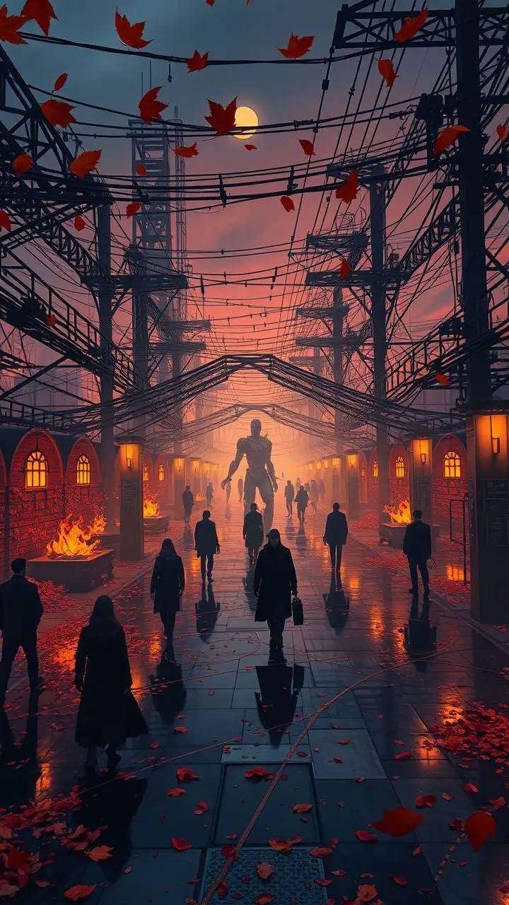 Smart grid infrastructure in gothic style during autumn twilight with leaves.