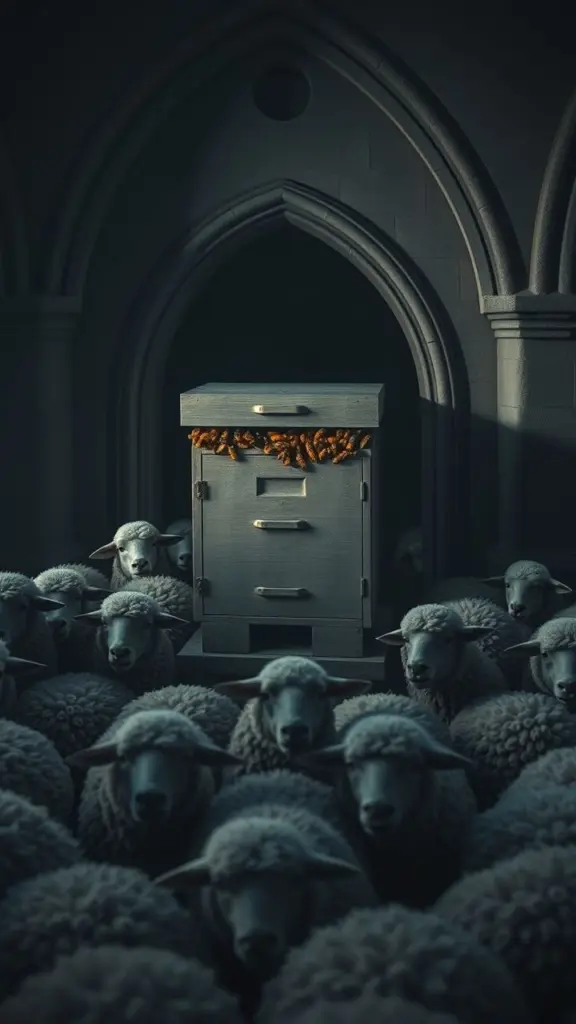 A beekeeping box with sheep in a gothic horror scene.