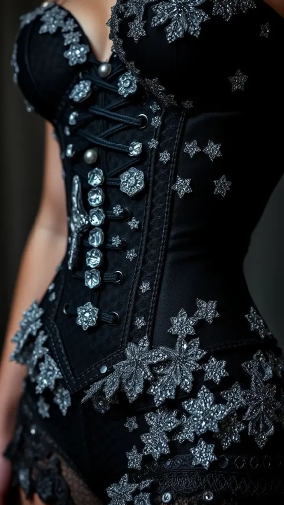 A dark, high-contrast image of a corset with detailed lacing and sharp, icy highlights.