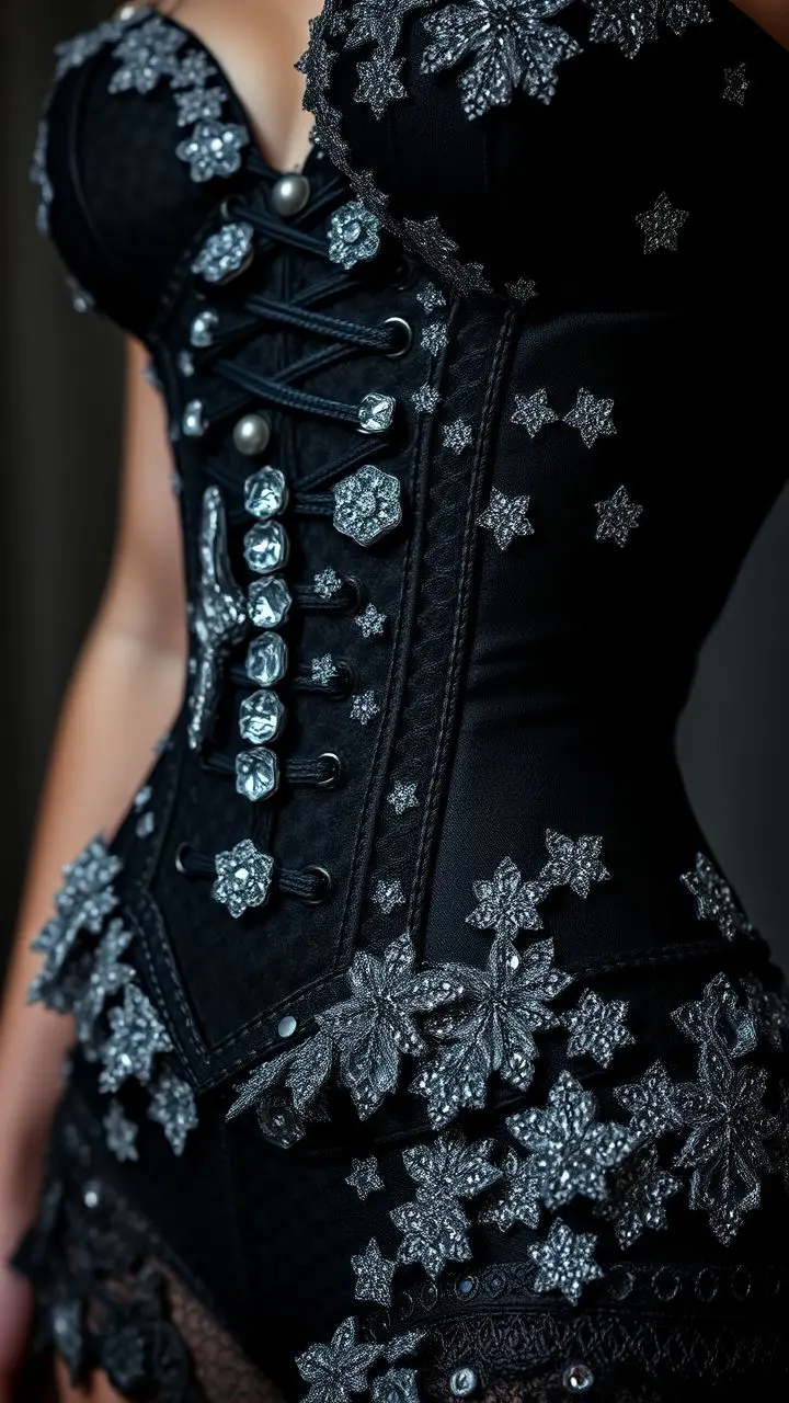 A dark, high-contrast image of a corset with detailed lacing and sharp, icy highlights.