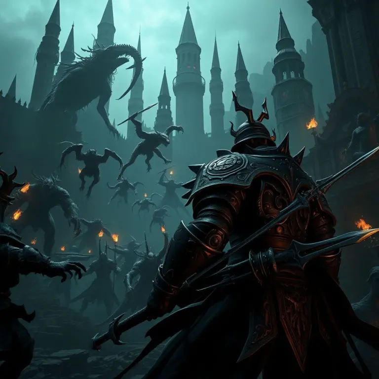 Warrior fighting monster in dark gothic ruins.