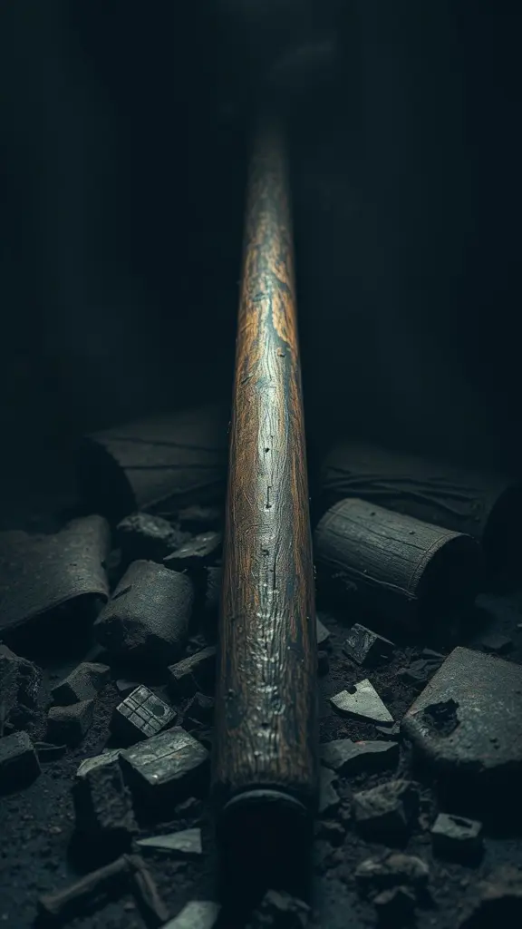 A didgeridoo in a dimly lit, abandoned gothic setting with debris.