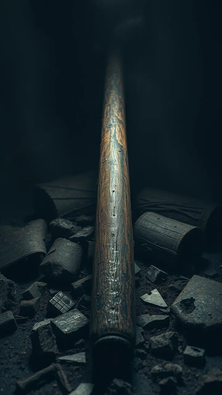 A didgeridoo in a dimly lit, abandoned gothic setting with debris.