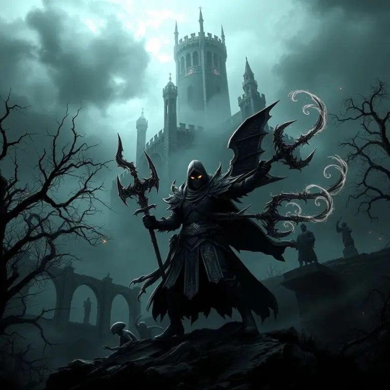 Dark fantasy landscape with gothic castle, supernatural creatures, and a hero in cursed armor.