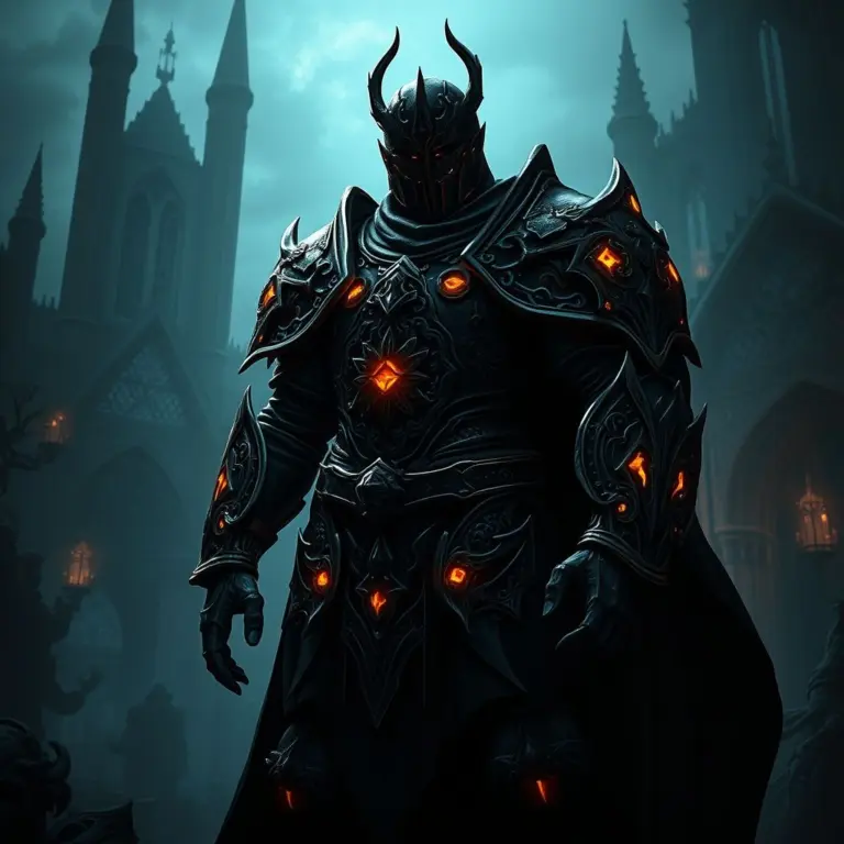 Armored fantasy guardian with glowing runes in a dark, gothic setting.