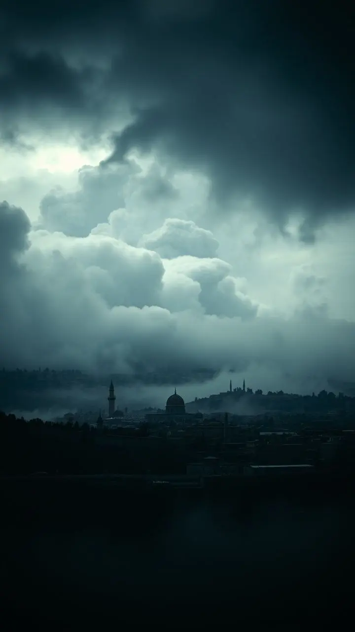 Jerusalem skyline at night with ominous roll clouds and fog.