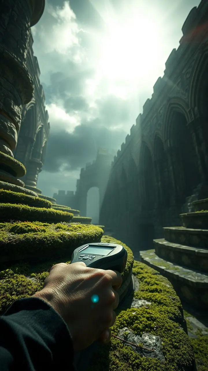 Barcode scanner scanning mossy stone in a gothic horror setting with lightning.