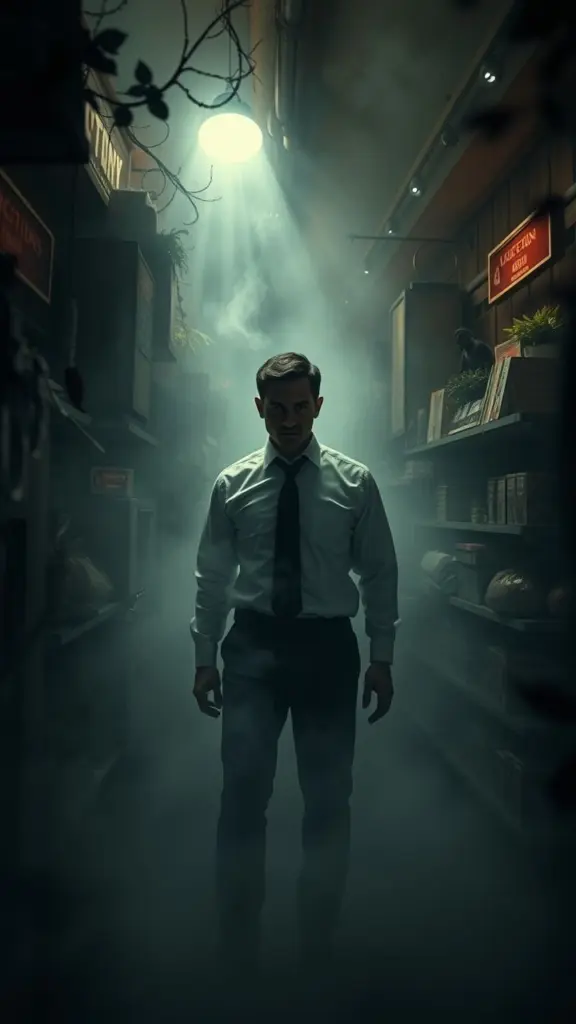 Gothic horror scene with a man in a tie amidst chaotic purchases and gender dynamics, in mist with frame skips.
