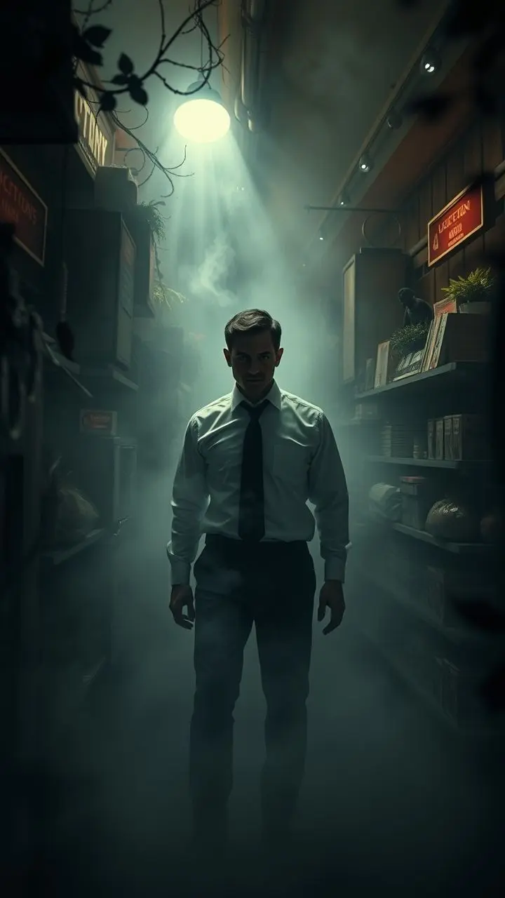 Gothic horror scene with a man in a tie amidst chaotic purchases and gender dynamics, in mist with frame skips.