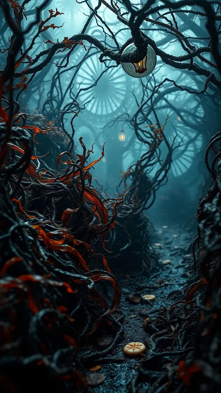 Roasted seaweed on a dark, gothic path symbolizing health and renewal.