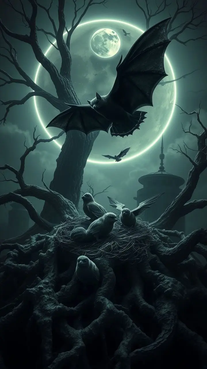 Flying foxes roosting on icy tree roots under a planetary alignment with gothic elements.