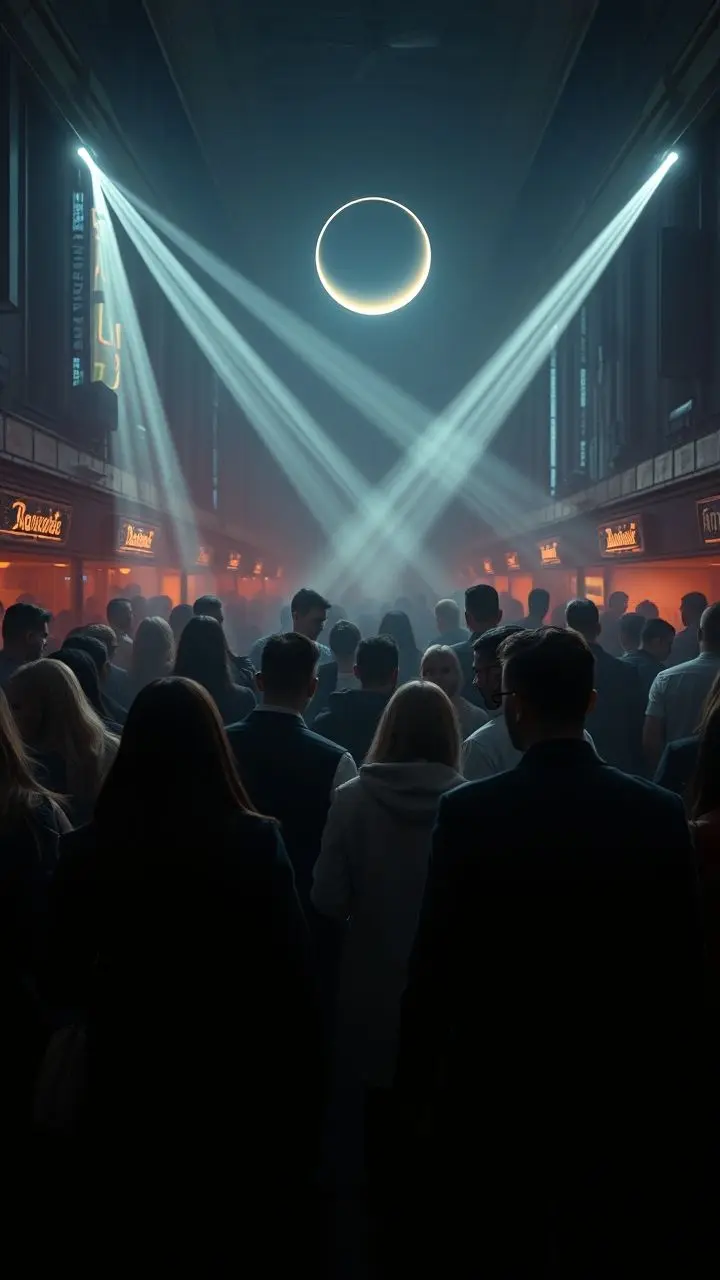 People in gothic horror attire with vintage college style, wearing coats, partying under light beams during an eclipse.