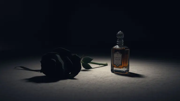 Black rose and vintage perfume bottle in a dimly lit gothic room.