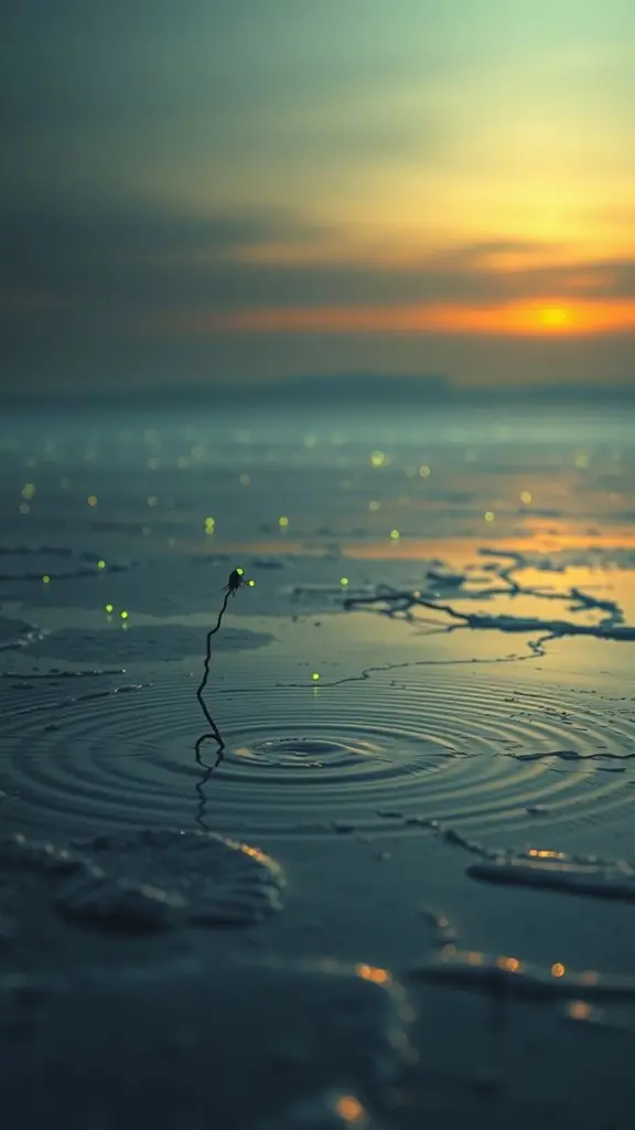 Salt flats with subtle ripples under a post-sunset glow, illuminated by glitching green and amber fireflies.