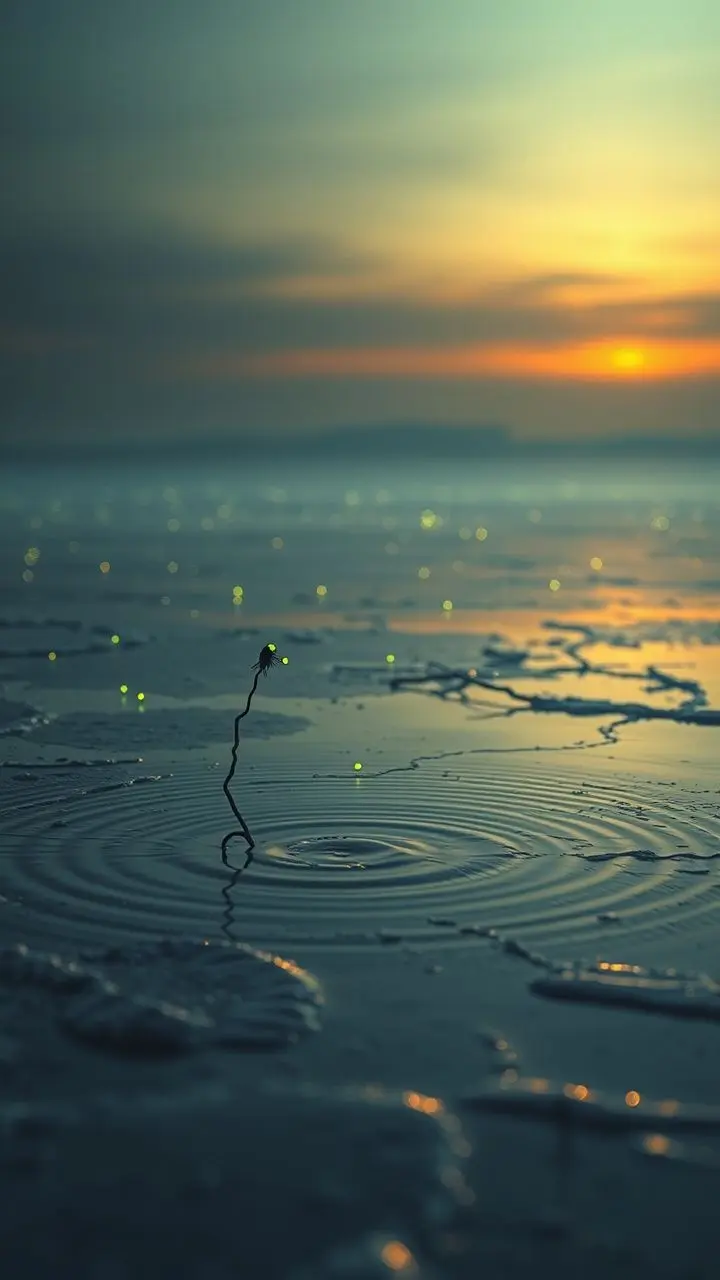 Salt flats with subtle ripples under a post-sunset glow, illuminated by glitching green and amber fireflies.
