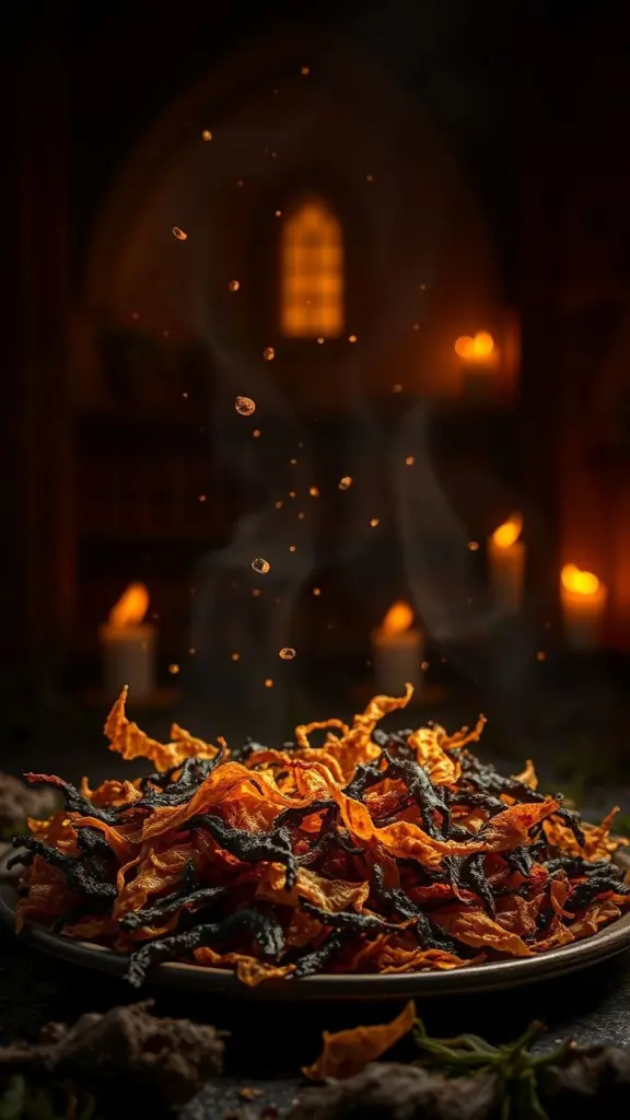 Roasted seaweed in a dark, fiery English landscape with Gothic elements.
