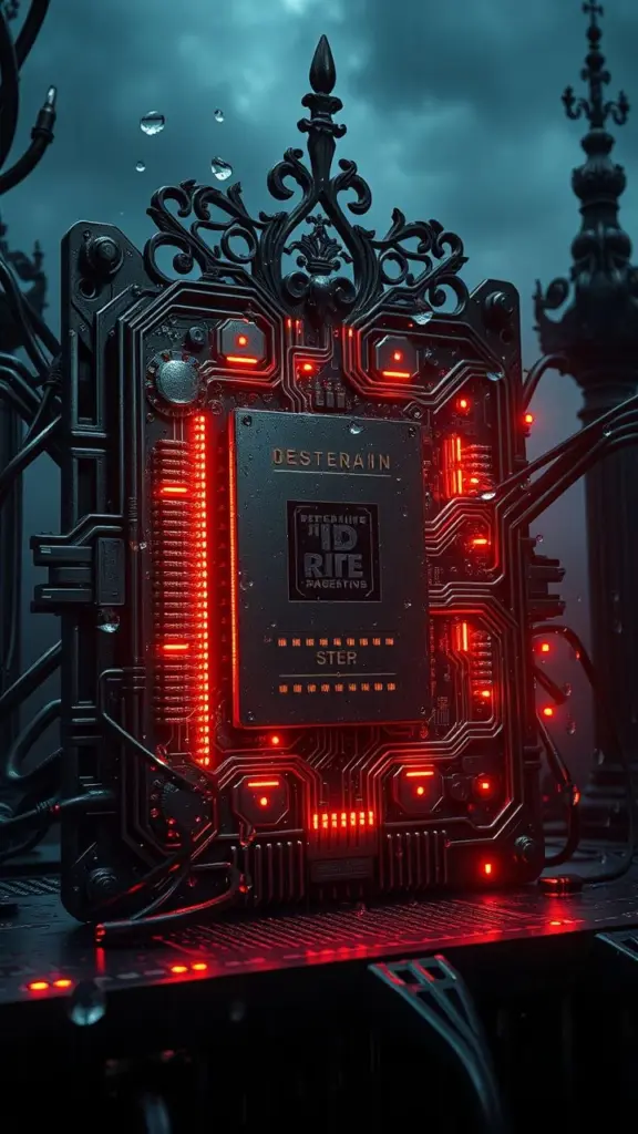 Detailed CPU with organic elements and gothic horror background in spring rain.