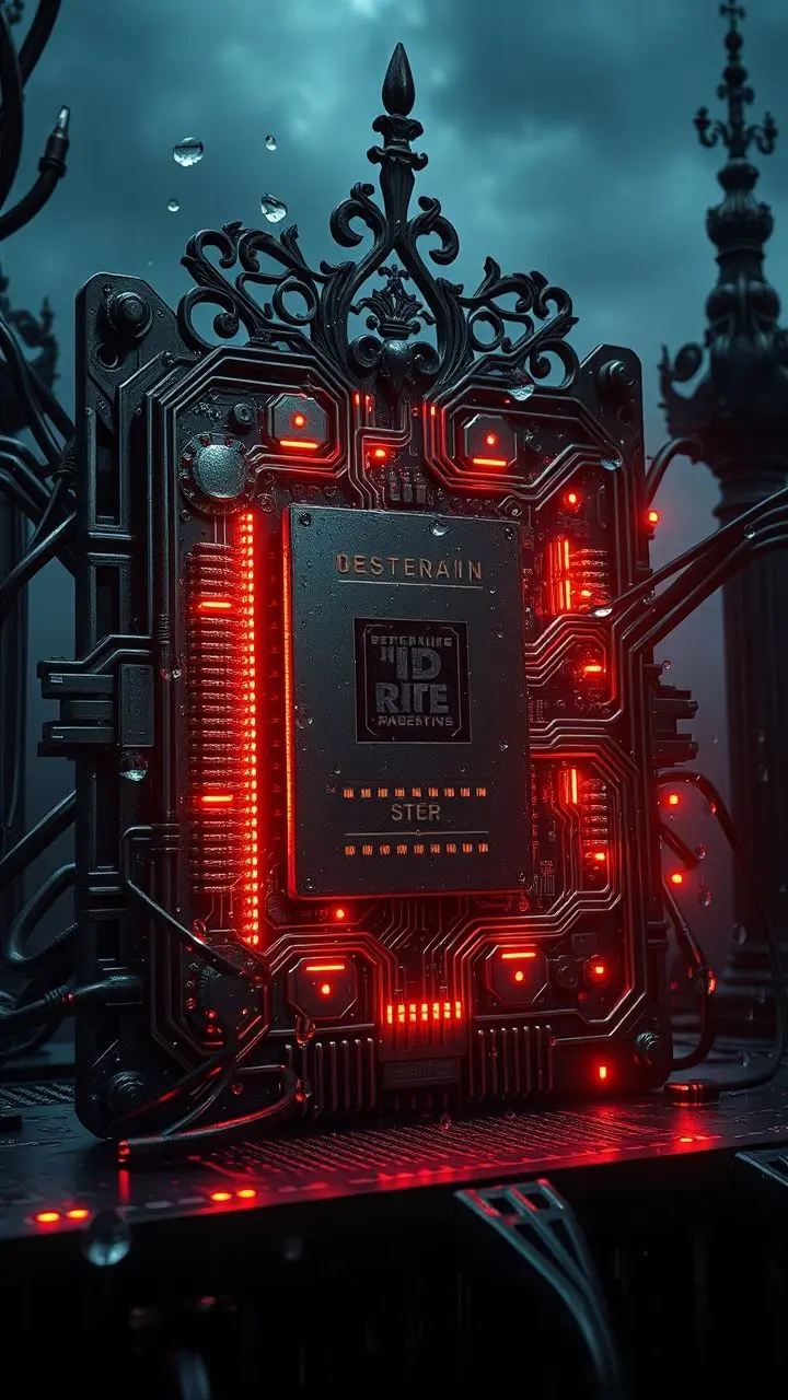 Detailed CPU with organic elements and gothic horror background in spring rain.