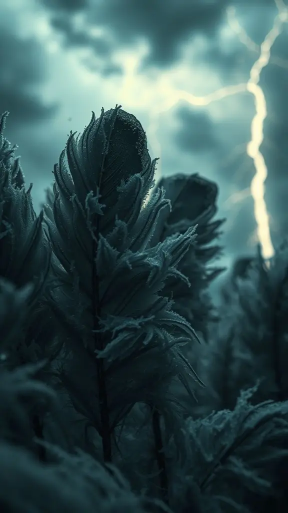 Frosty feathers shimmering under stormy skies with gothic horror elements.