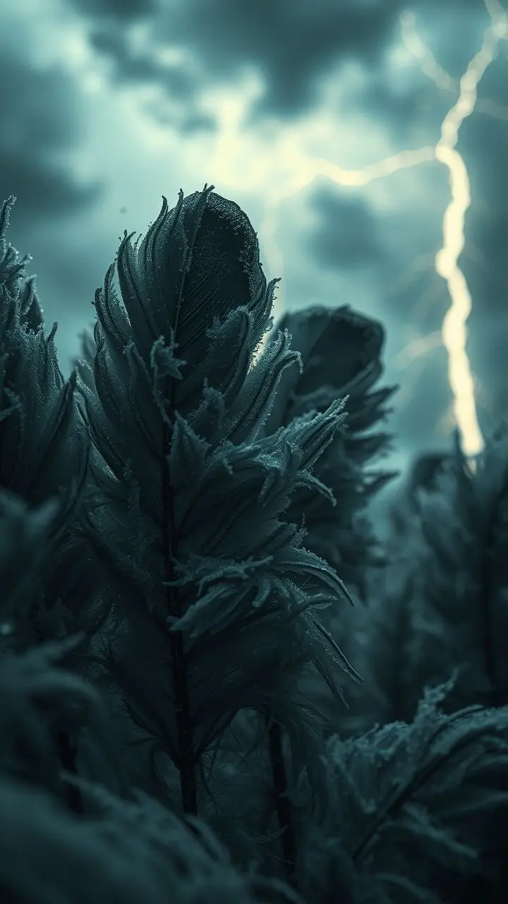 Frosty feathers shimmering under stormy skies with gothic horror elements.
