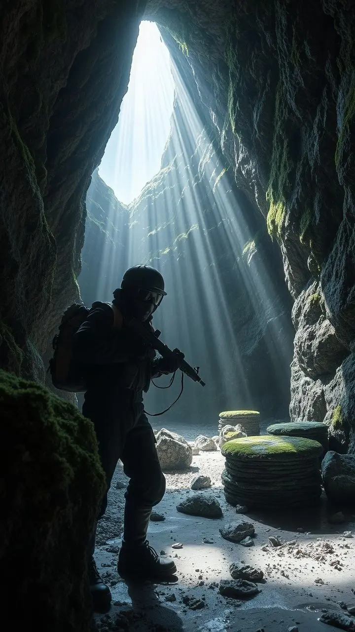 Moss-covered rays in a dimly lit salt mine with gothic horror elements.