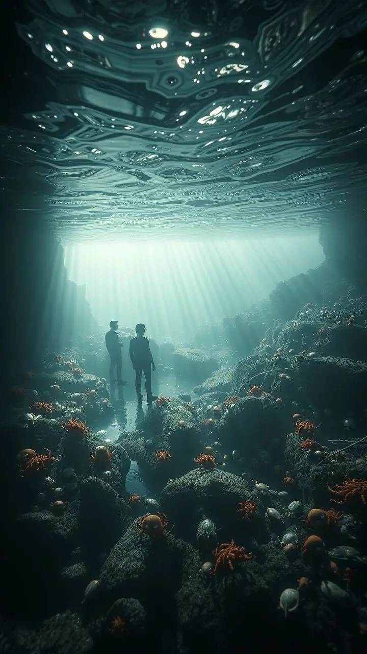 Underwater tide pools with marine life, dappled sunlight, gothic horror atmosphere, and subtle meme elements.