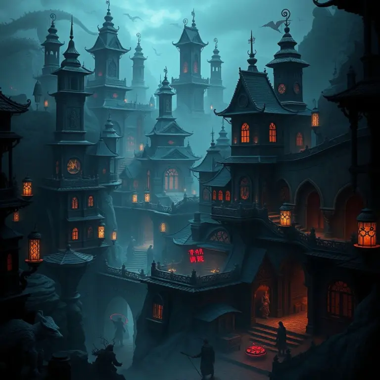 Dark fantasy landscape with gothic buildings, monsters, and mystical energy.