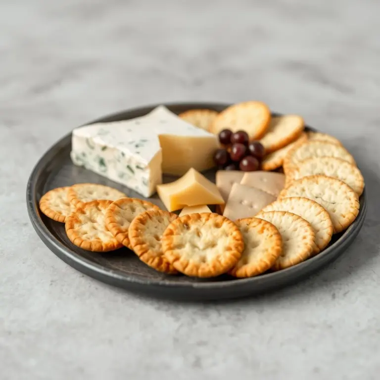 A plate with various cheeses and crackers.