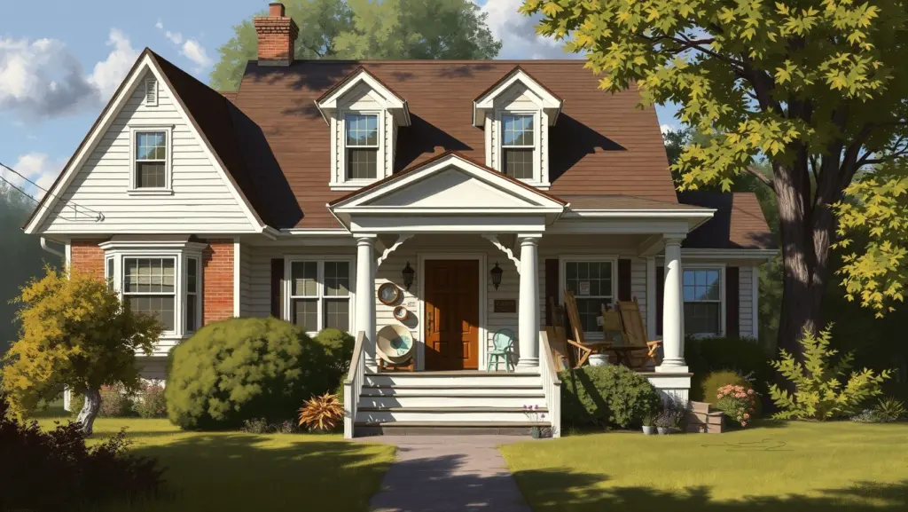 Digital painting of a large house exterior with items for auction.