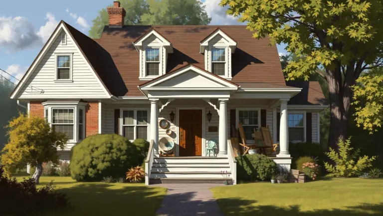 Digital painting of a large house exterior with items for auction.