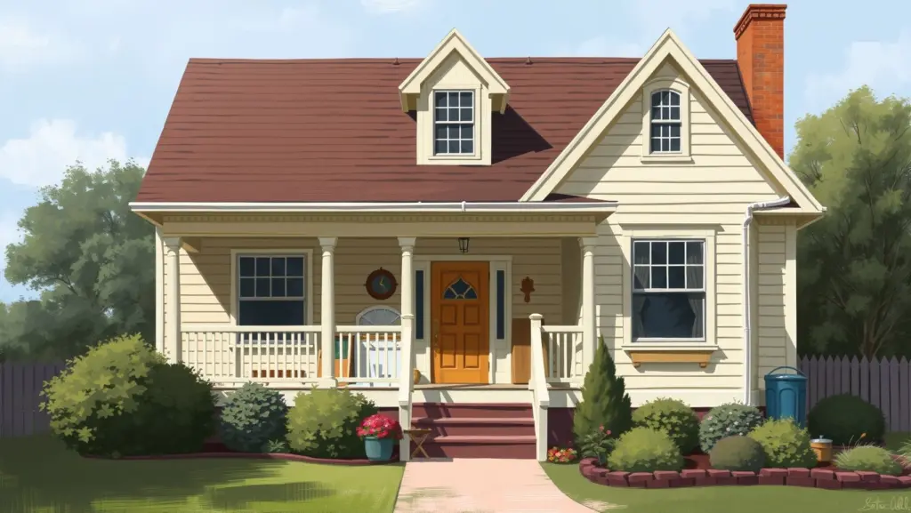 Digital painting of a large house exterior during an auction.