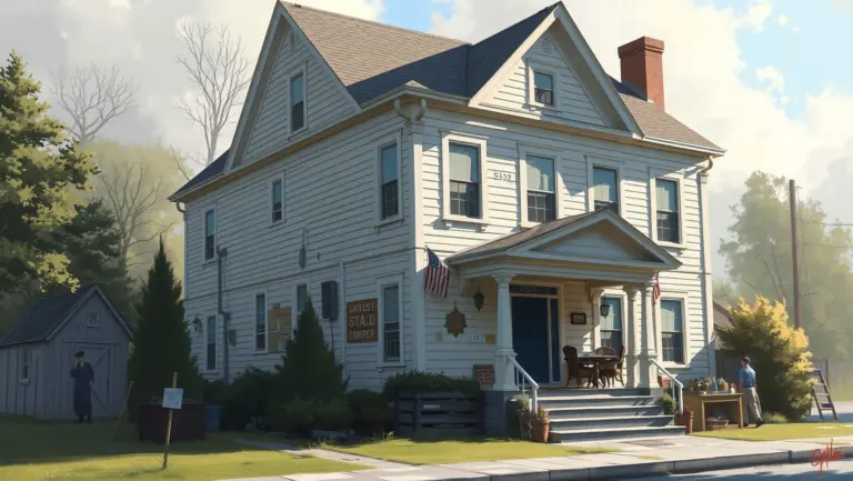 Digital painting of a large house exterior with items for auction.