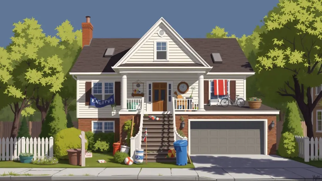 Digital painting of a large house exterior with auction items displayed.